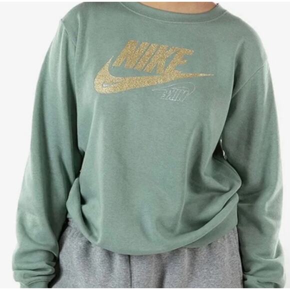 Nike Sweatshirt NSW Club Fleece Crewneck Cropped Green Gold Size 2X - Picture 1 of 9